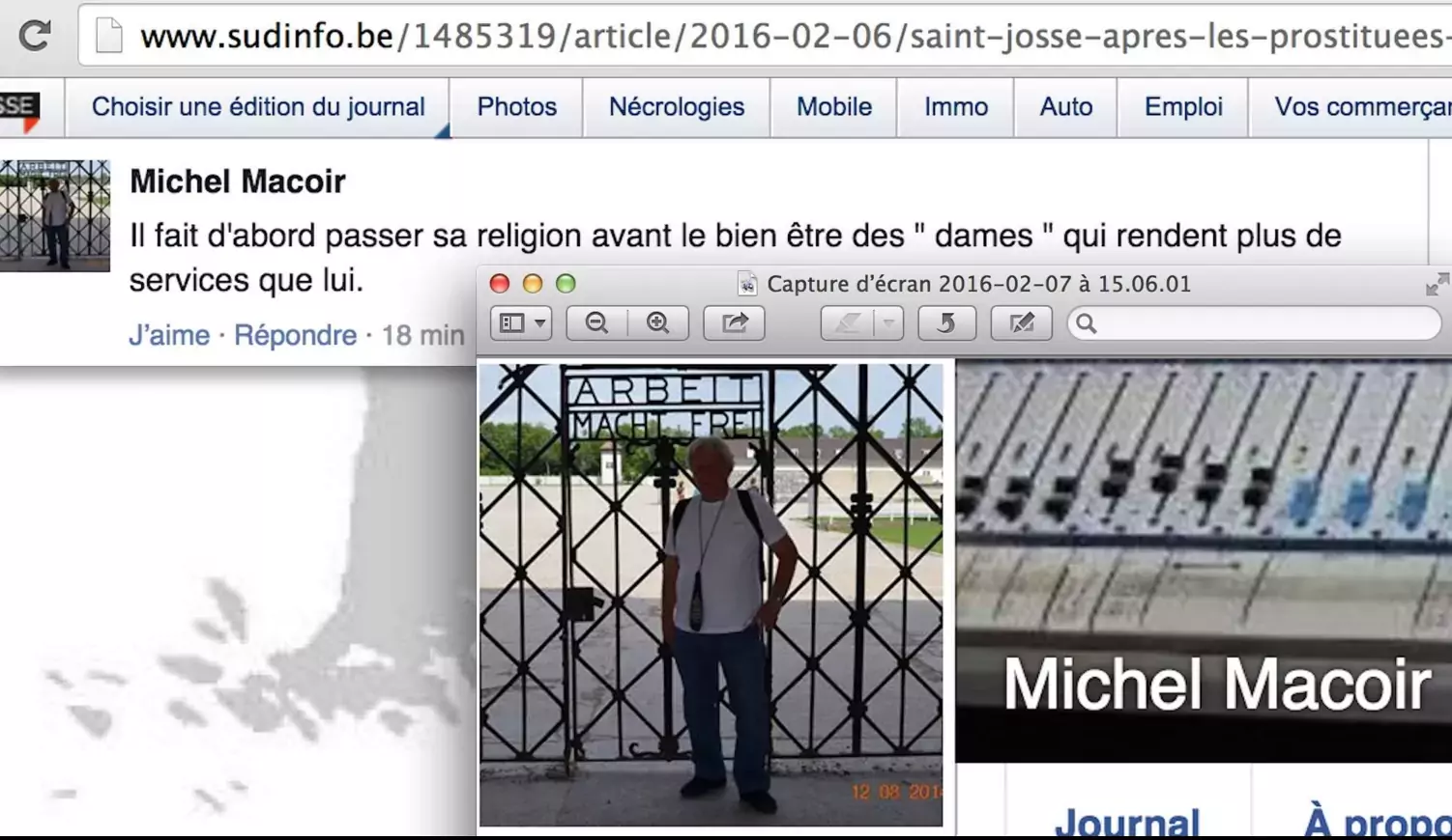 Commentaire islamophobe de Michel Macoir, posant sur sa photo de profil devant le slogan nazi d'un portail d'un camps d'extermination, contre le bourgmestre Emir Kir.