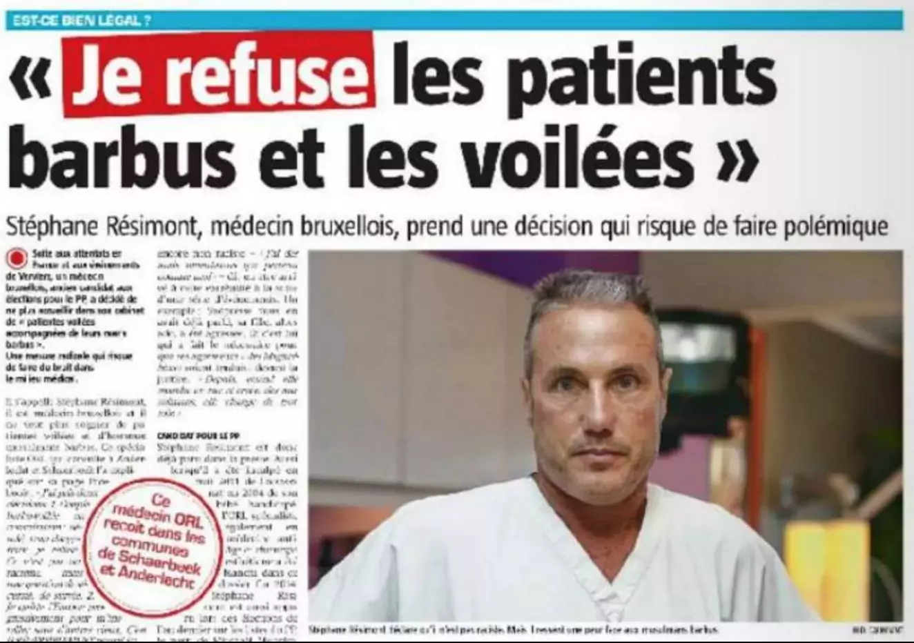 Stéphane Résimont, médecin refusant désormais de soigner les "voilées" et les "barbus".