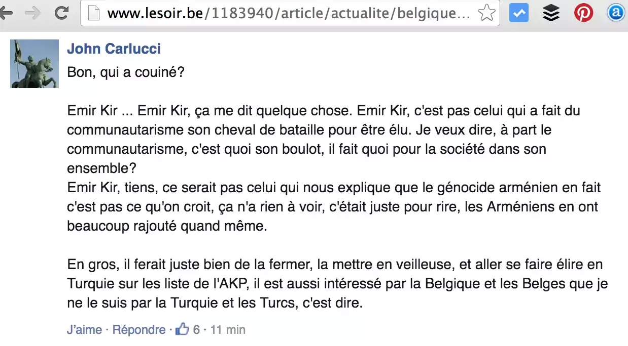Commentaire raciste de John Carlucci visant le bourgmestre de Saint-Josse Emir Kir sur Le Soir