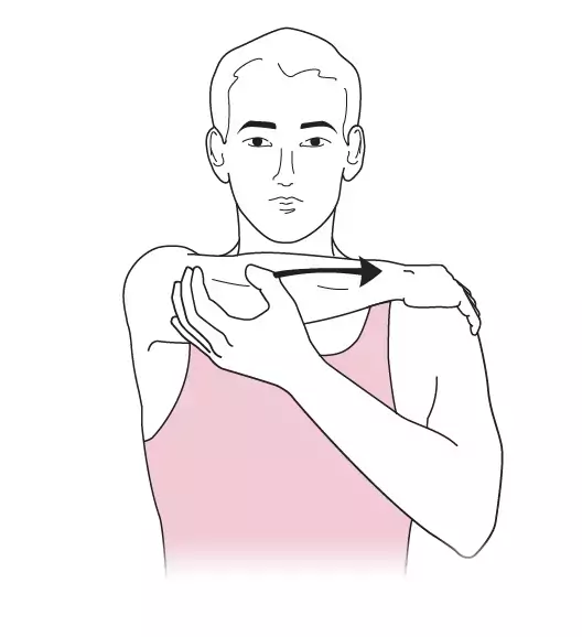 Etirement en rotation interne : assis ou debout, placer la main du bras malade sur l'épaule saine, bras croisé sur la poitrine. Maintenir l'étirement 3 secondes. Répéter 5 fois.
