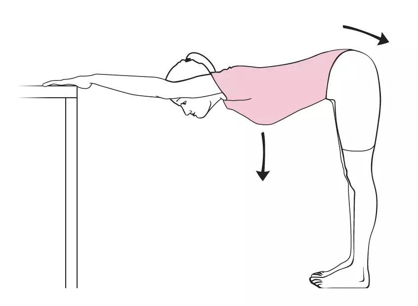 Etirement passif : mains ou avant-bras en appui sur une table, reculer doucement sans les bouger en baissant les fesses. Répéter 5 à 10 fois.