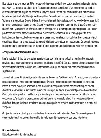 Reproduction du début d'un éditorial islamophobe et homophobe du rédacteur en chef de La Libre Belgique, Dorian de Meeus