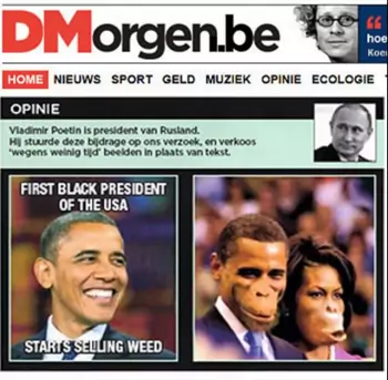 Caricature du couple du président métis américain Obama sous formes de singes publiée en Une du Morgen