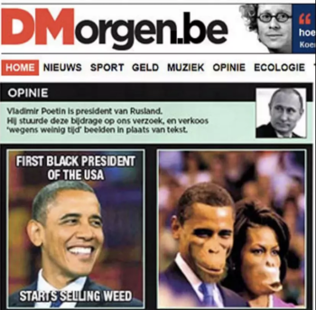 Caricature du couple du président métis américain Obama sous formes de singes publiée en Une du Morgen