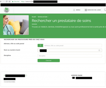 Exemple (censuré bien sûr) d'éléments d'adresse privée d'un médecin rendue publique par les mutualités chrétiennes comme soi-disant "adresse INAMI" - personne n'a une "adresse INAMI" by the way...