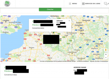 Exemple (censuré bien sûr) d'adresse privée complète d'un médecin rendue publique par les mutualités chrétiennes.