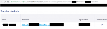 Exemple (censuré bien sûr) d'adresse privée d'un médecin rendue publique par la mutualité Partena
